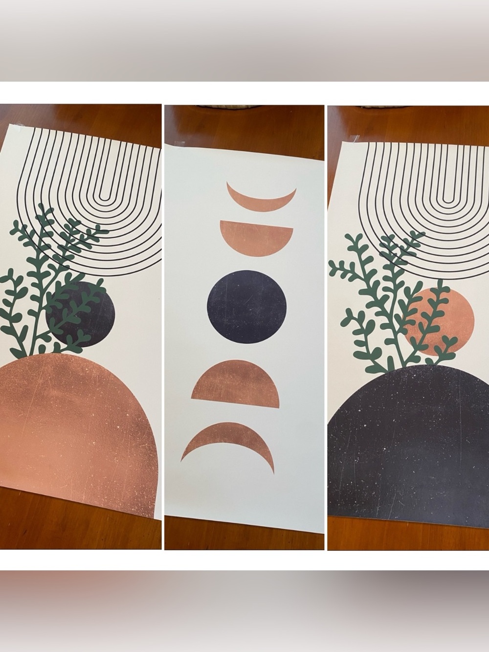 (3) Piece Mid-Century Moon Phases Art Print in Copper, Charcoal & Green NEW